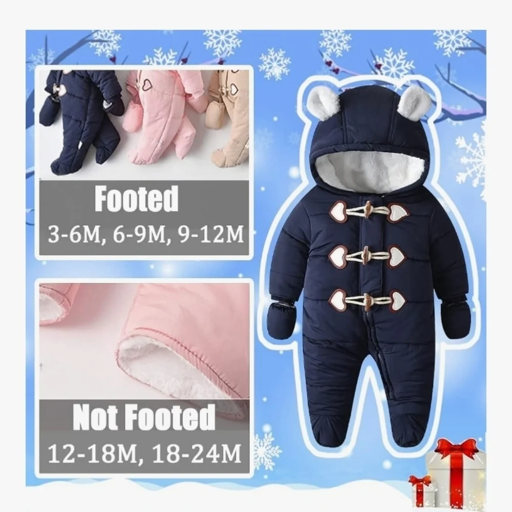 > Navy Blue Bear Ear Kids One Piece Winter Jumpsuit Size 6-9 Month